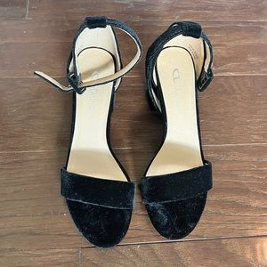 Black Velvet Sandals with Block Heels and Ankle Strap (Size 8.5) *NEW
